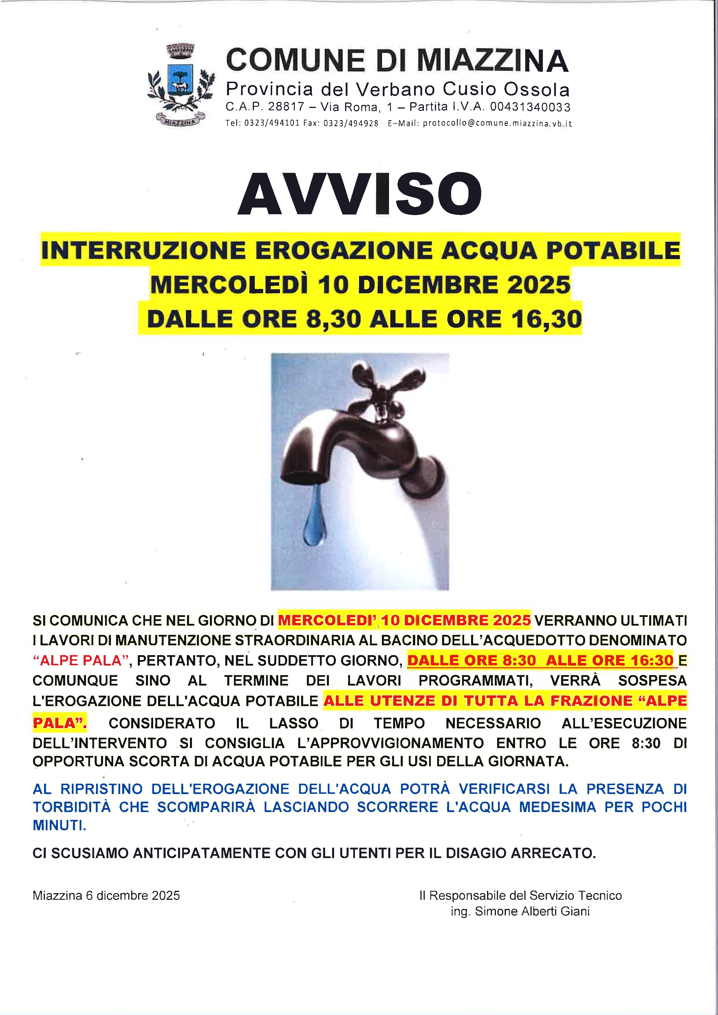 Interruzione erogazione ACQUA POTABILE