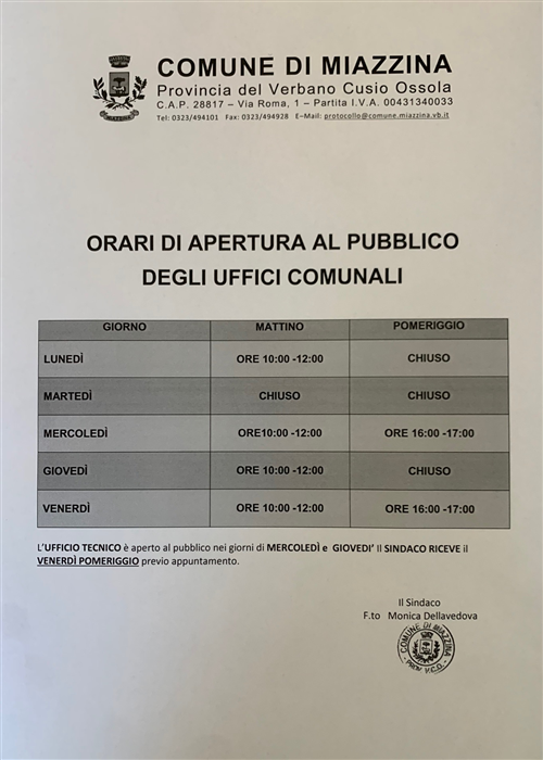 Orari uffici comunali  dal 01 APRILE 2025